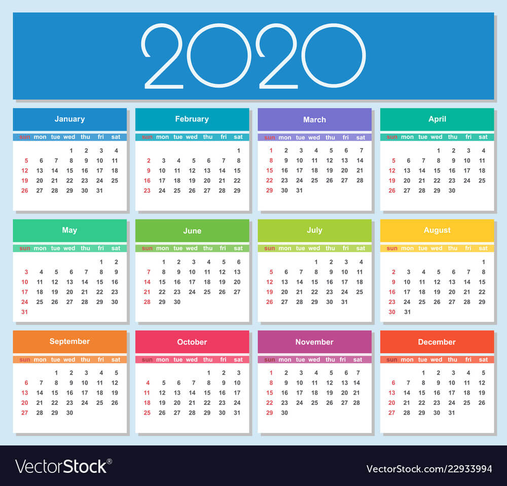 Colorful year 2020 calendar. Simple Vector Template. Isolated illustration